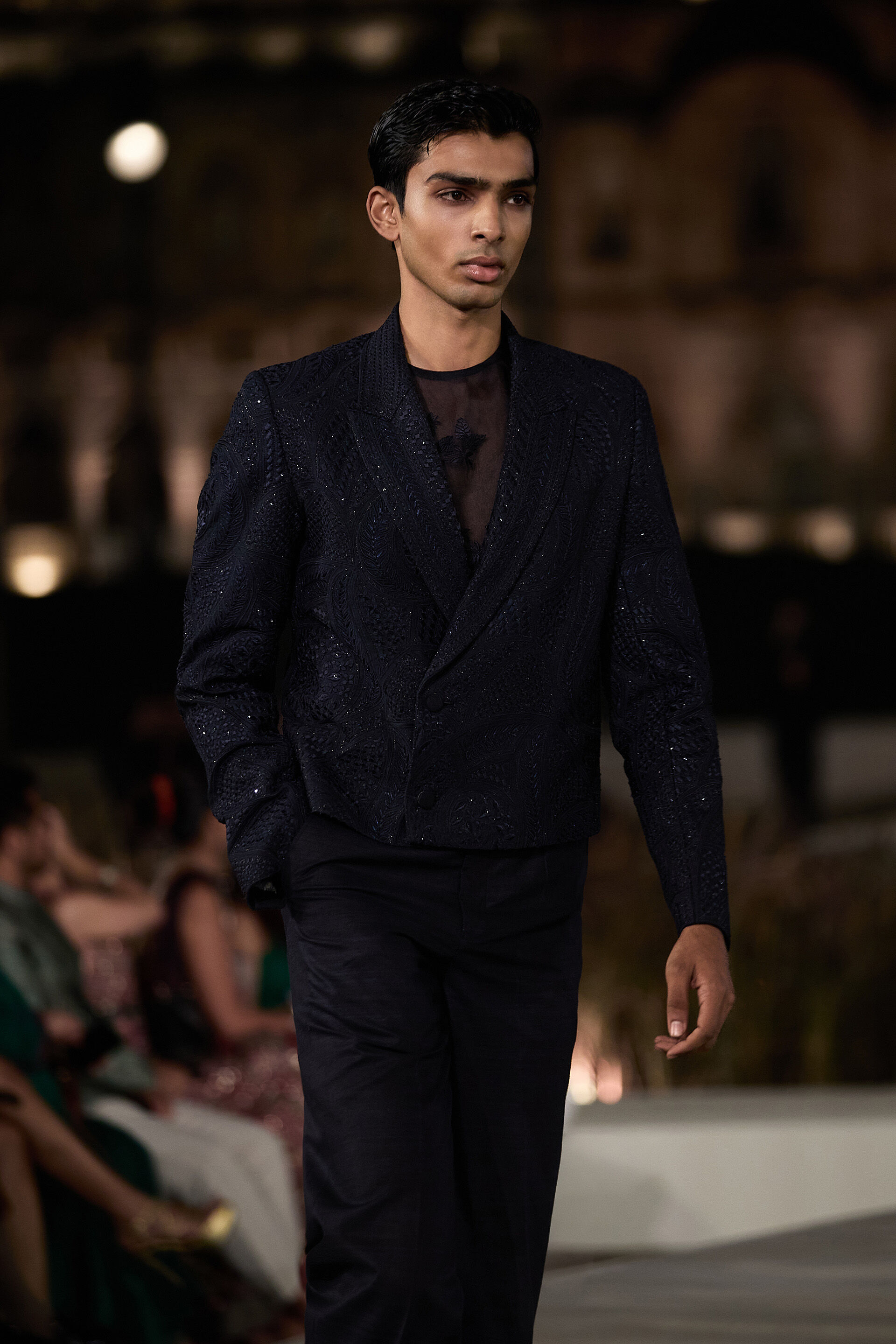 Nisham Embroidered Silk Jacket Set - Navy Blue